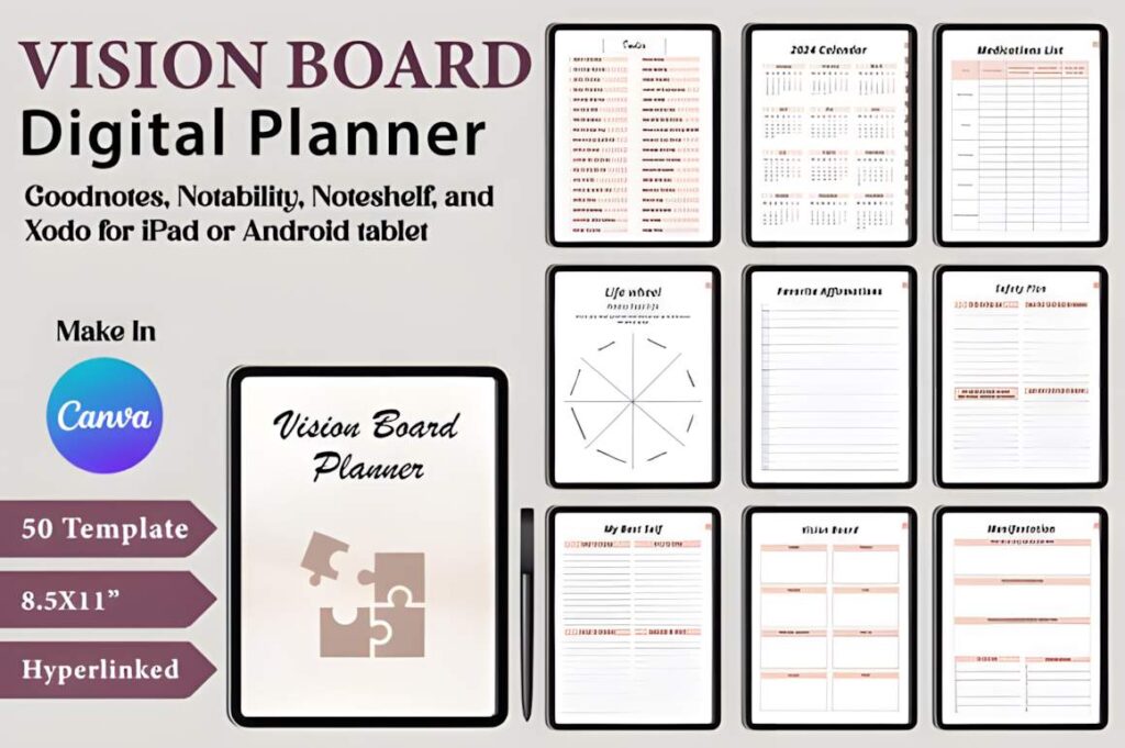 Canva digital planner template showing vision board planner and various planning pages for life and goals