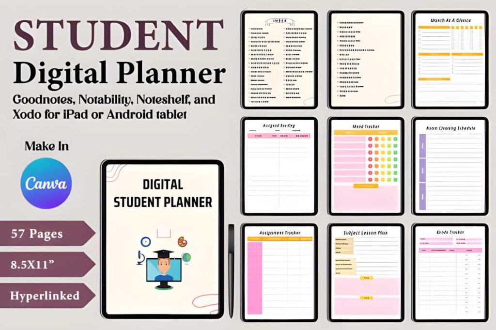 Canva digital planner template showing a student digital planner with 57 hyperlinked pages for iPad or Android tablets