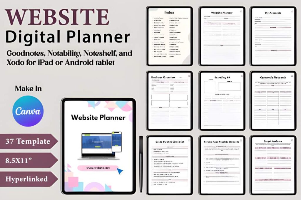 Canva digital planner template showing website planner pages for tablets with hyperlinked 37 templates