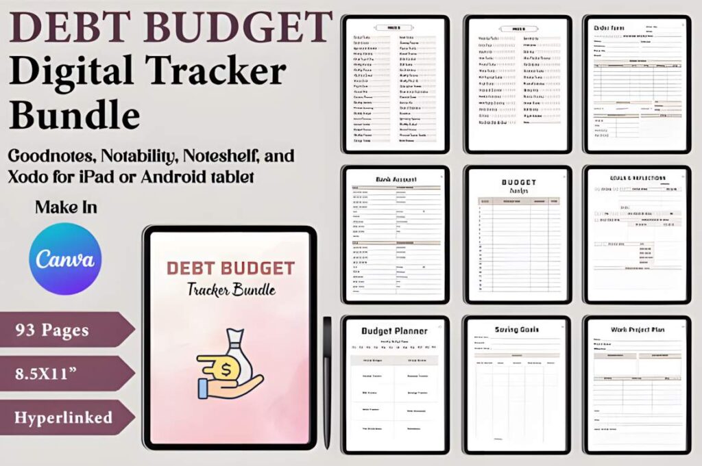 Canva digital planner template showing a debt budget tracker bundle with 93 pages and various financial planning layouts