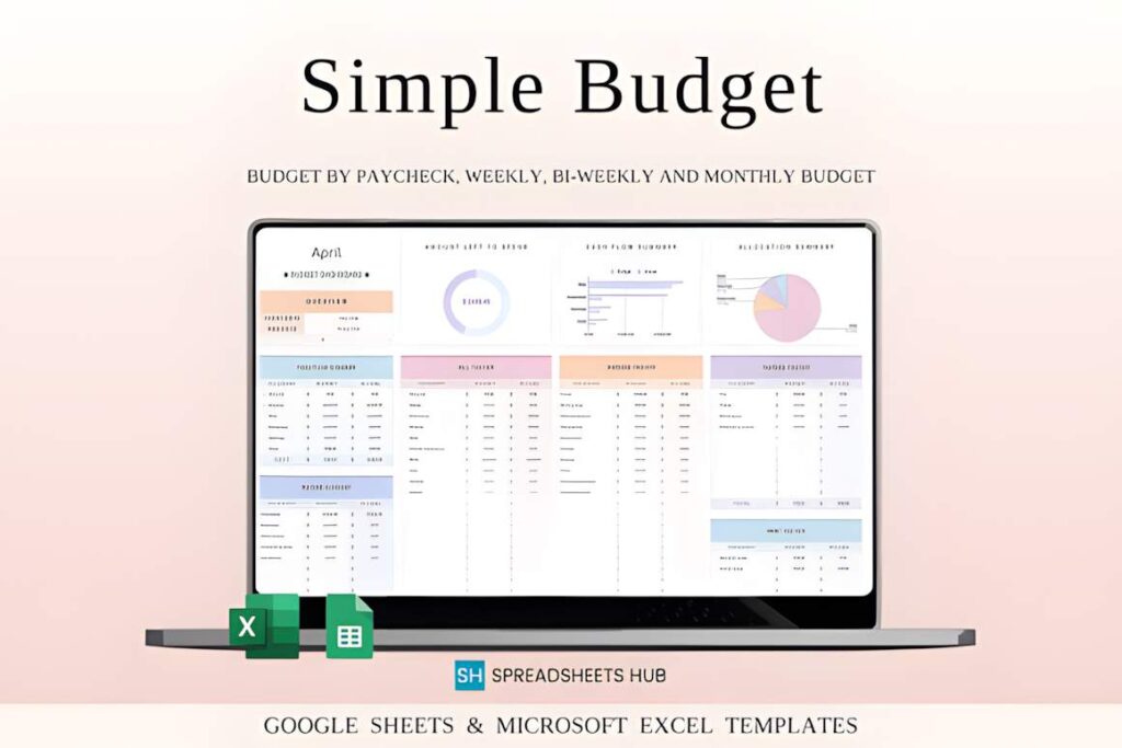 Google Sheets planner templates showing a simple budget layout with income, expenses, and graphs on a laptop screen