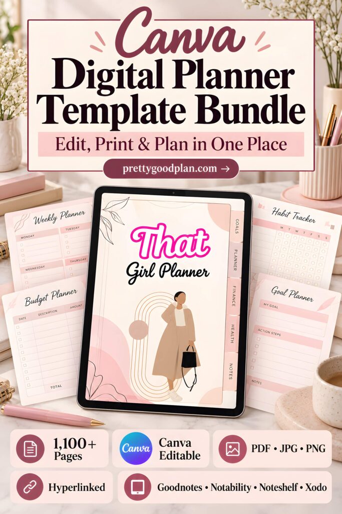 Canva digital planner template bundle showing various planner pages including weekly, budget, habit tracker, and goal
