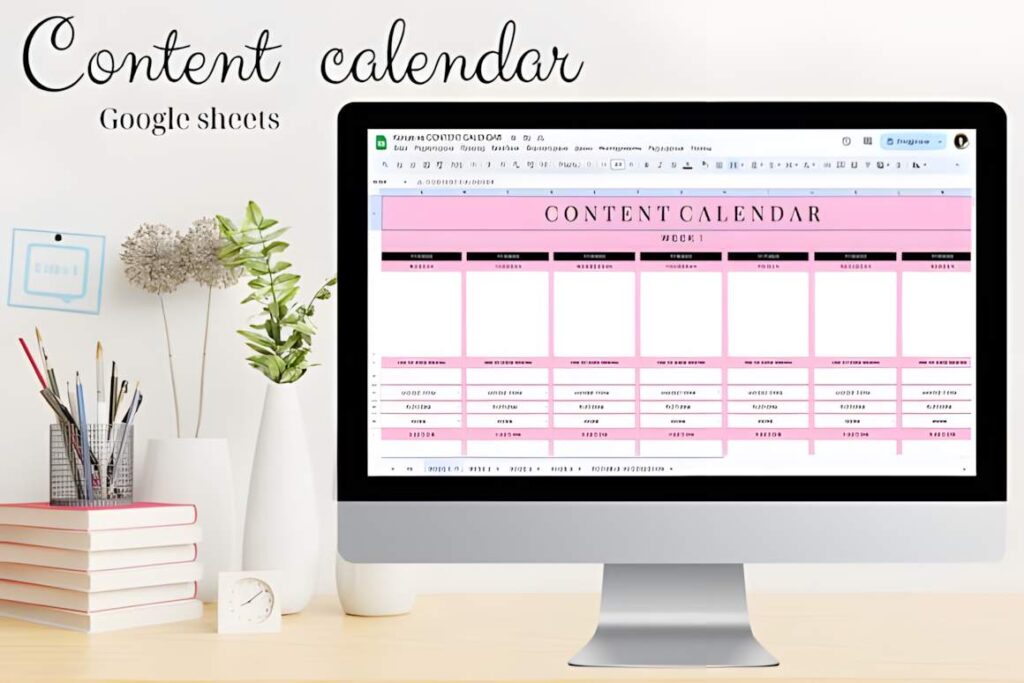 Google Sheets planner templates showing a customizable content calendar with pink headers on a desktop screen