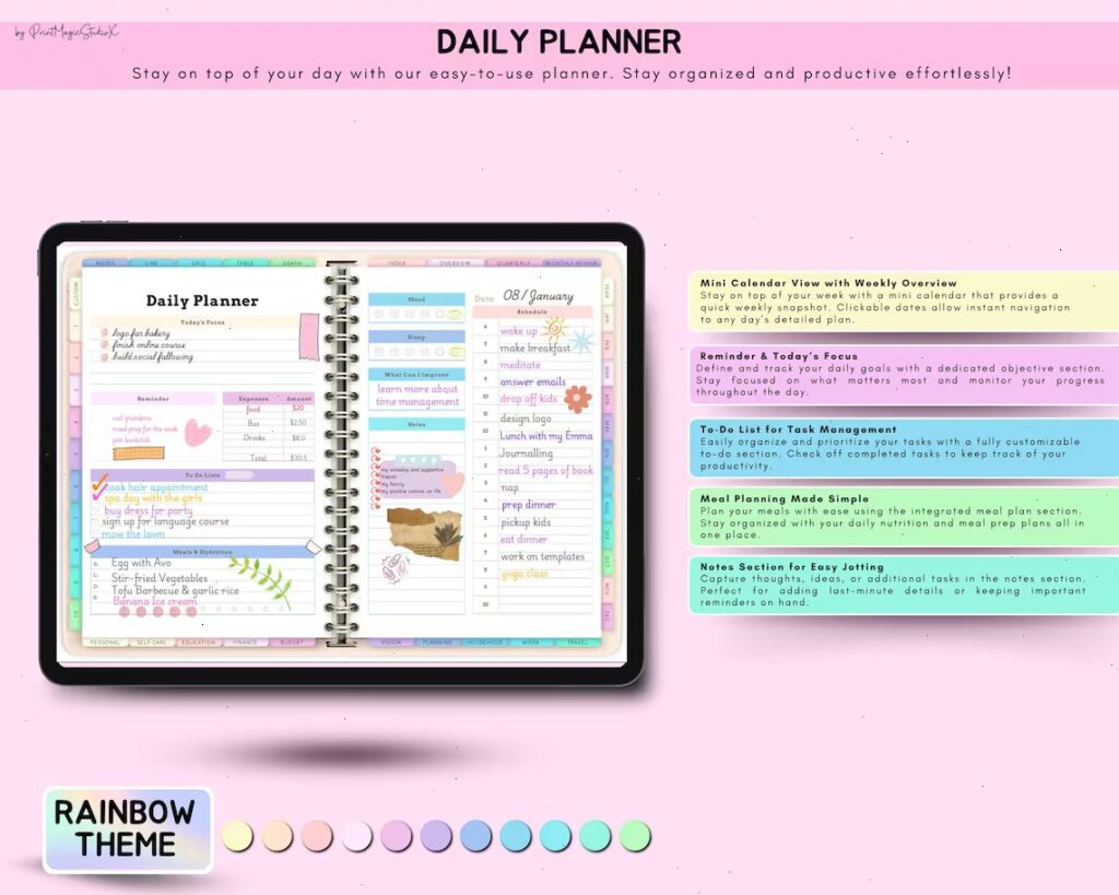 All in One Digital Planner showing a daily planner layout with tasks, reminders, and notes in a rainbow theme