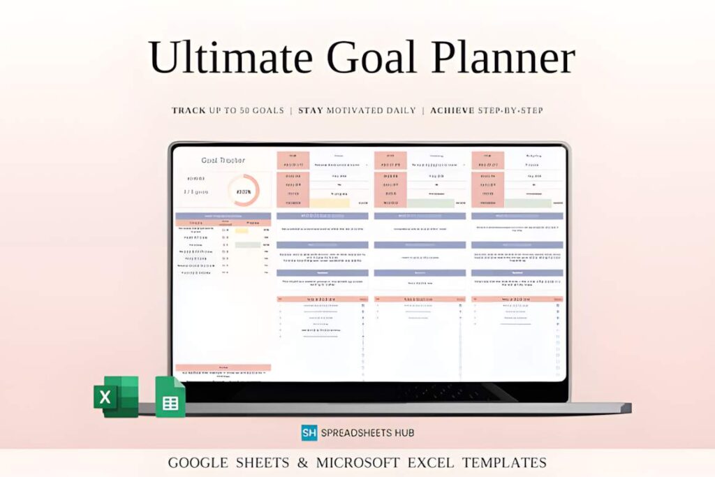 Google Sheets planner templates showing an Ultimate Goal Planner spreadsheet with task categories, progress percentages, and