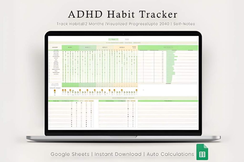 Google Sheets planner templates showing an ADHD habit tracker with monthly tracking and progress charts on a laptop screen