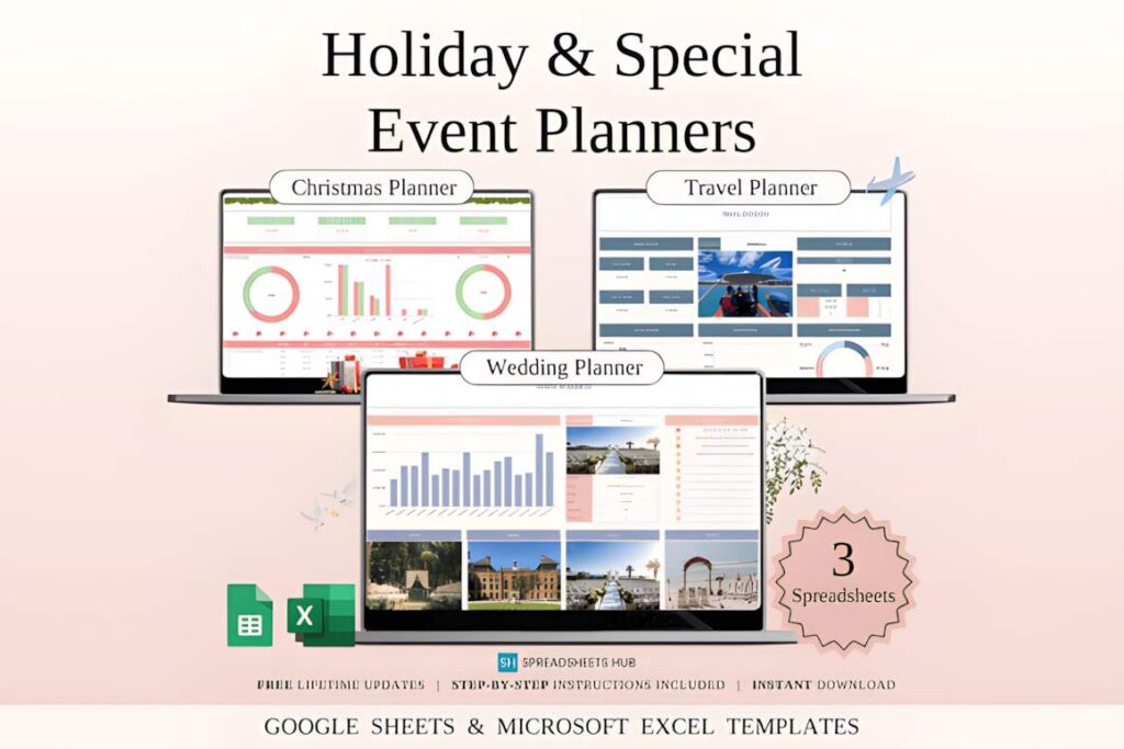 Google Sheets planner templates for holiday, wedding, and travel event planning with charts and organized spreadsheets