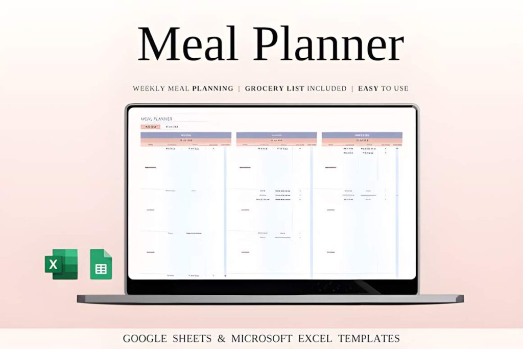 Google Sheets planner templates showing a meal planner with weekly meal planning and grocery list features on a laptop screen