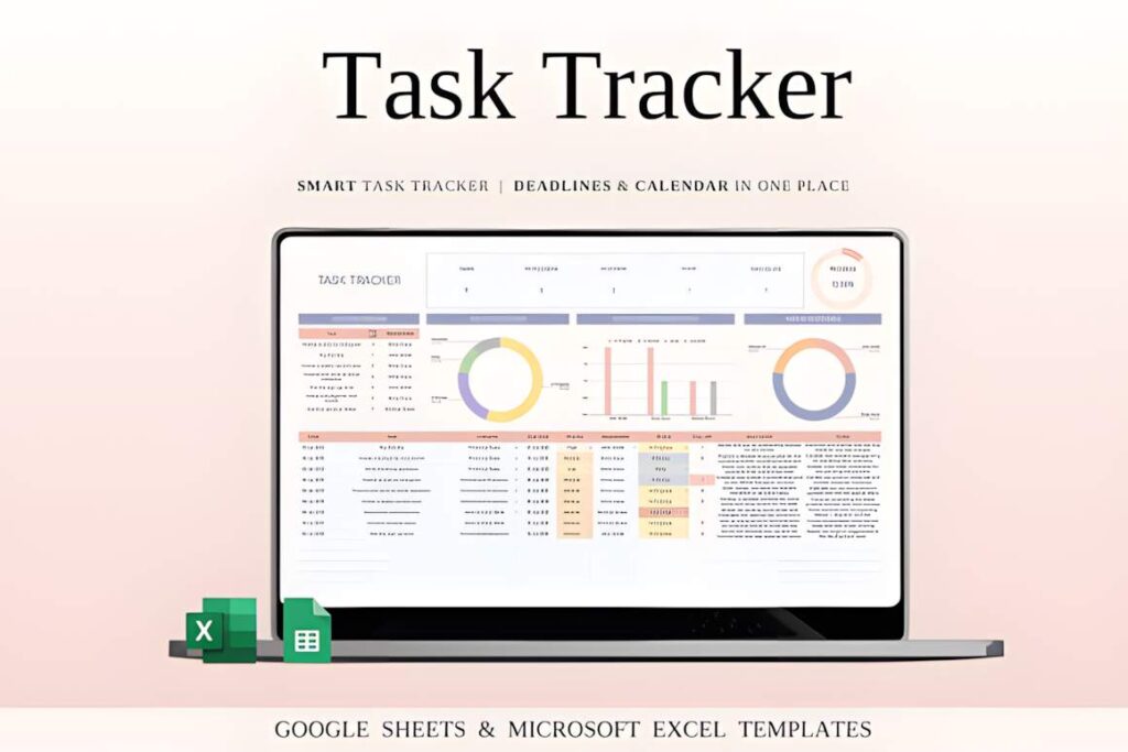Google Sheets planner templates showing a task tracker dashboard with charts, deadlines, and task details on a laptop screen