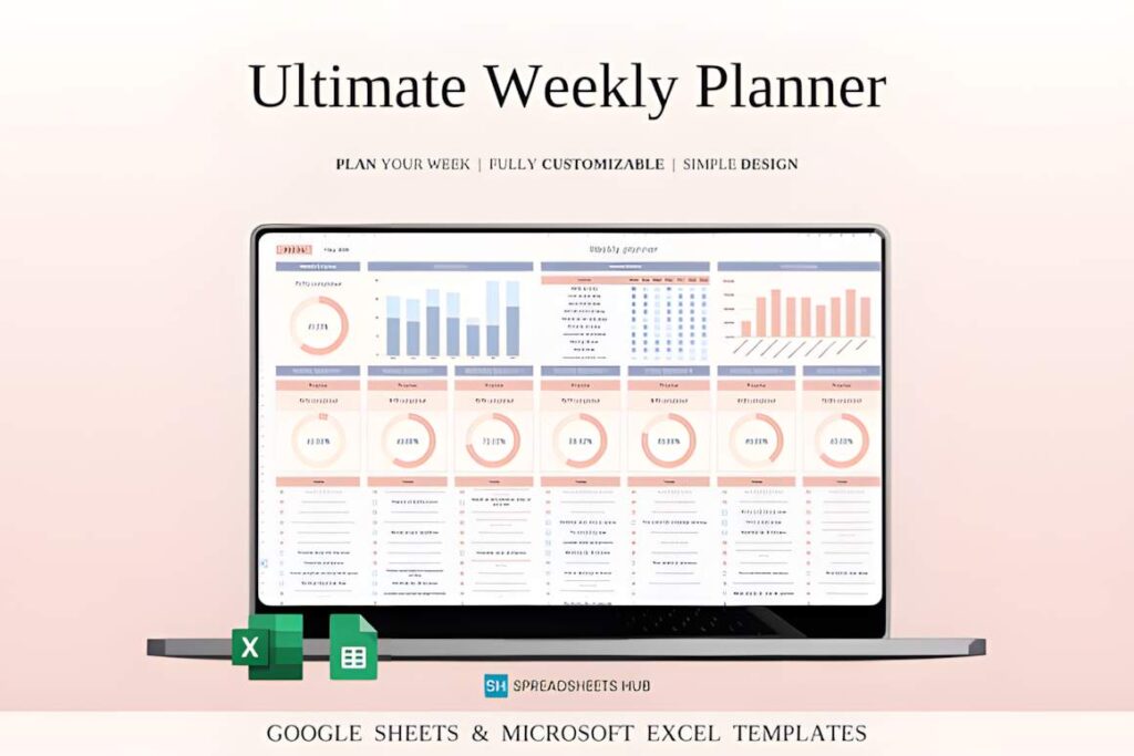 Google Sheets planner templates showing an ultimate weekly planner with charts and task tracking on a laptop screen